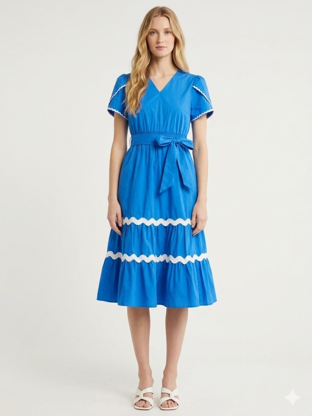 Nanette Lepore Bright Blue Midi Dress with White Ric-Rac Trim